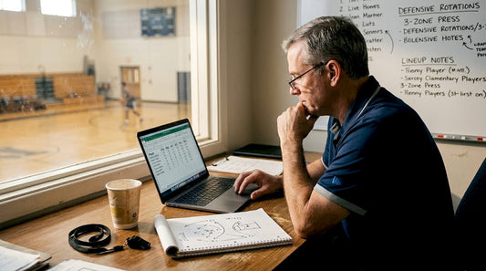 Coach reviewing basketball stats on laptop