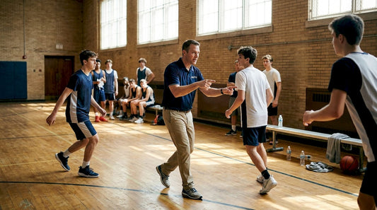 Coach demonstrating basketball defensive rotation