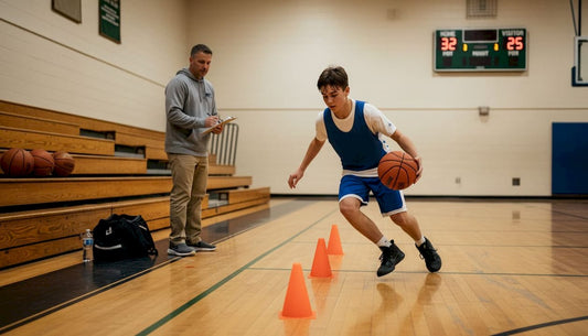 Teen basketball player practicing in school gym