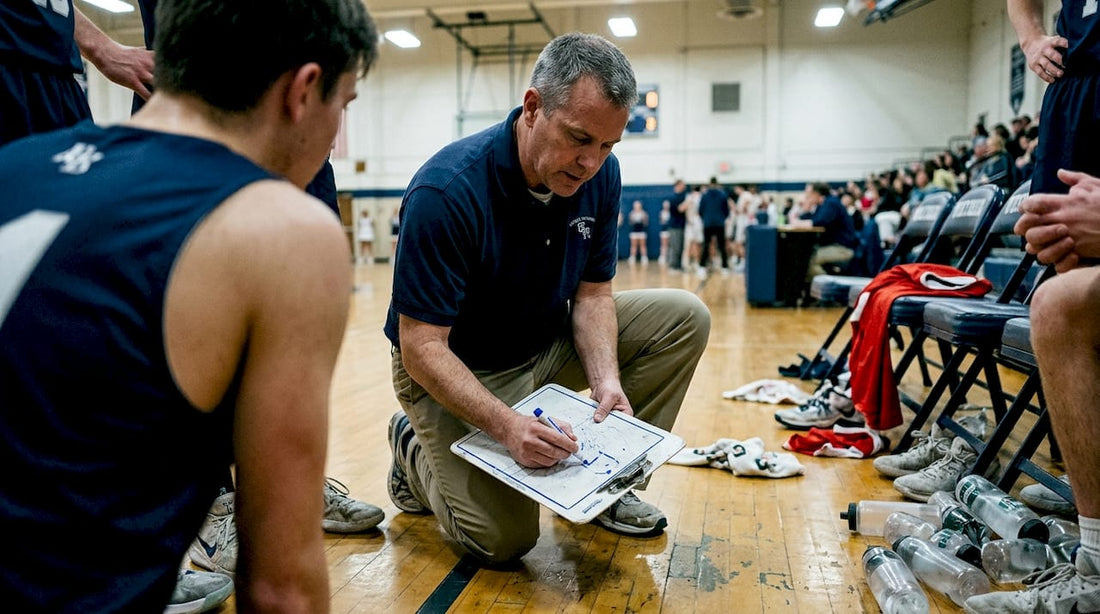 Coach drawing basketball play during timeout