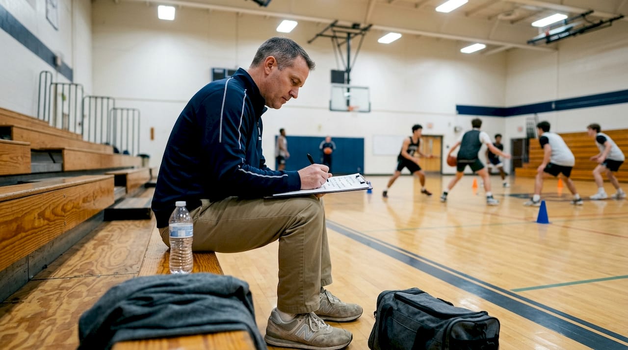 Basketball coach evaluating players on court