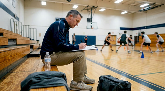 Basketball coach evaluating players on court