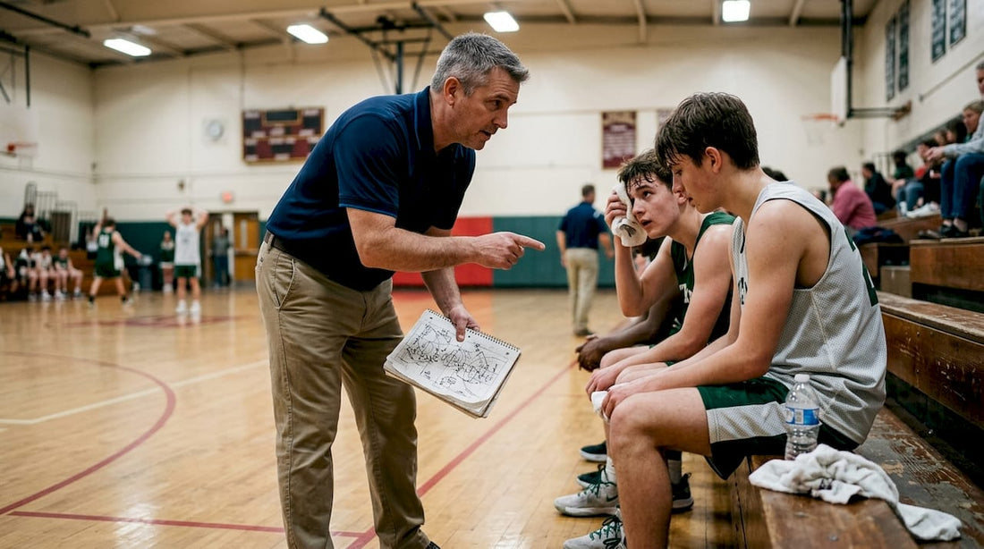 Coach teaching basketball IQ on gym sideline