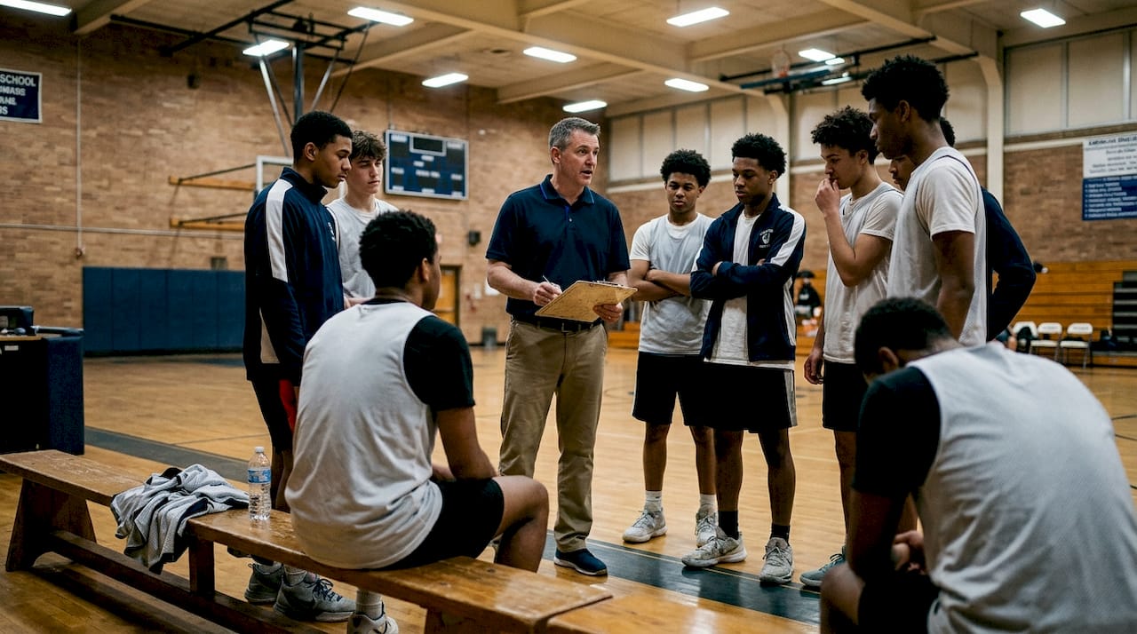 Coach leading pregame talk with players in gym