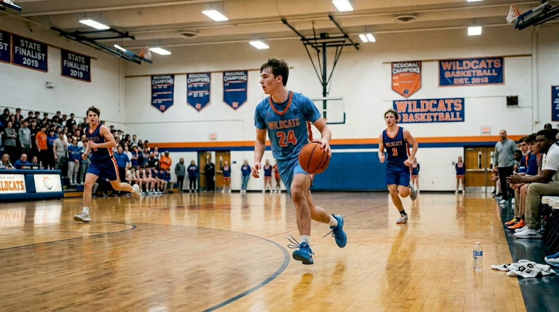 Basketball player pushing transition offense