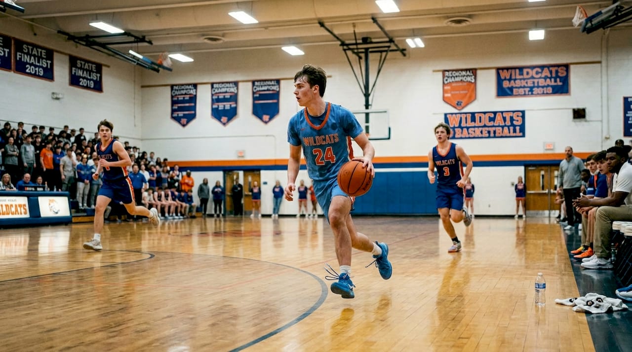 Basketball player pushing transition offense