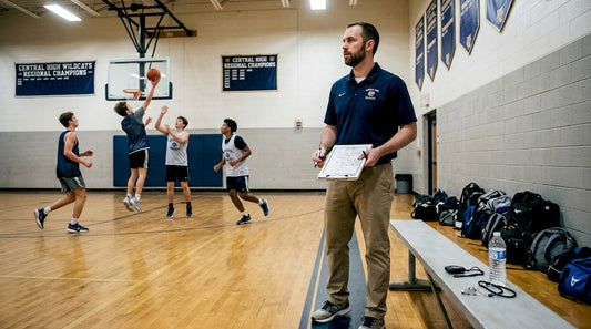 Basketball coach overseeing preseason gym drills