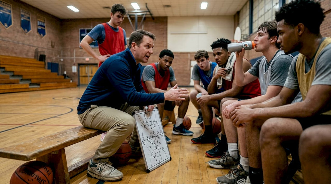Coach motivating basketball team during practice