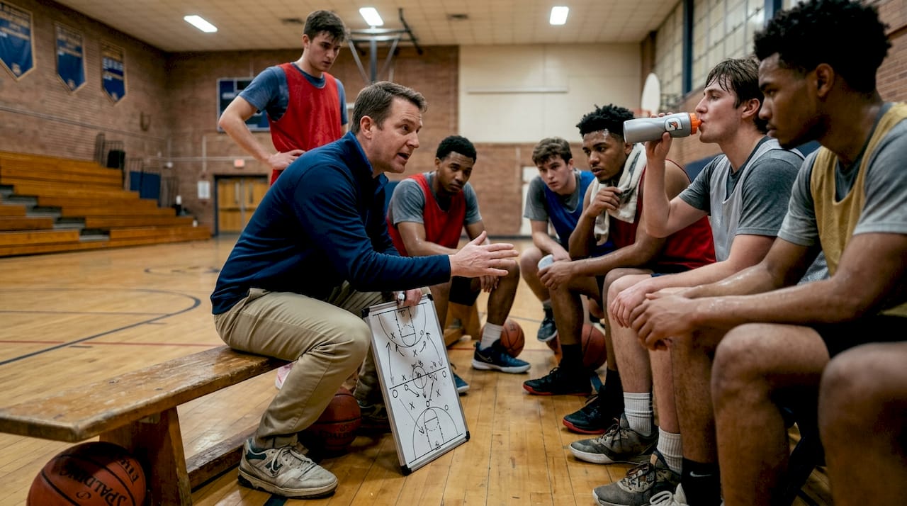 Coach motivating basketball team during practice