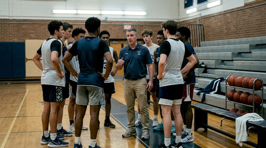 Basketball coach leading team huddle in gym