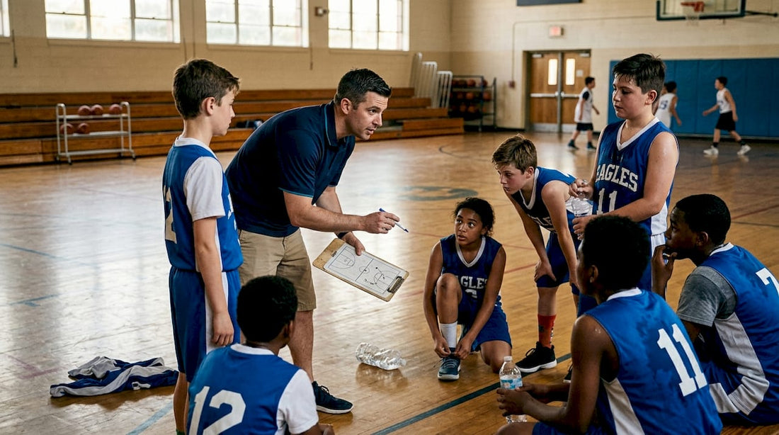 Youth basketball coach leads team huddle