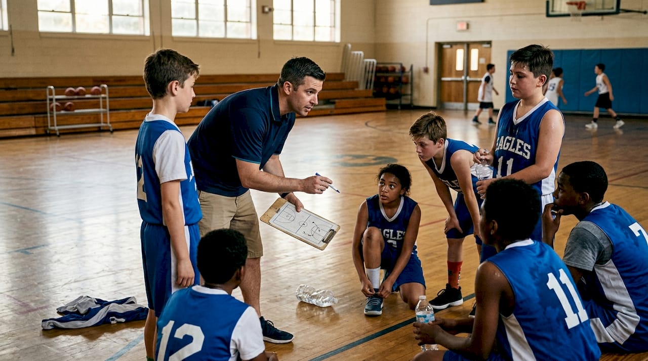 Youth basketball coach leads team huddle