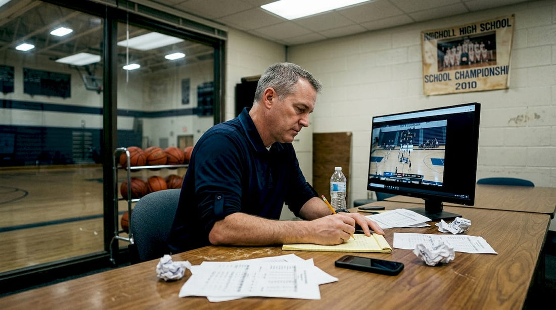 Coach analyzing basketball game film in office