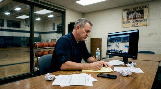 Coach analyzing basketball game film in office