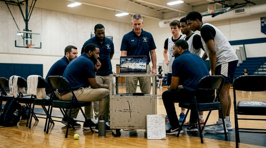 Coach reviewing basketball video with team