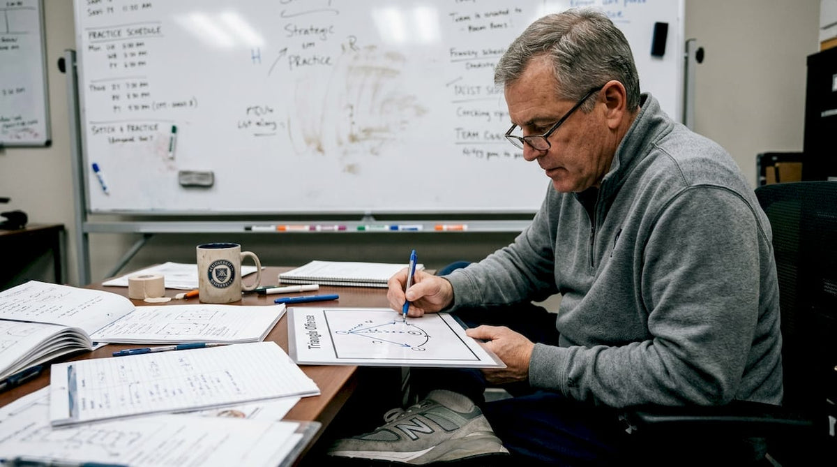 Coach studying triangle offense diagram