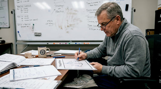 Coach studying triangle offense diagram