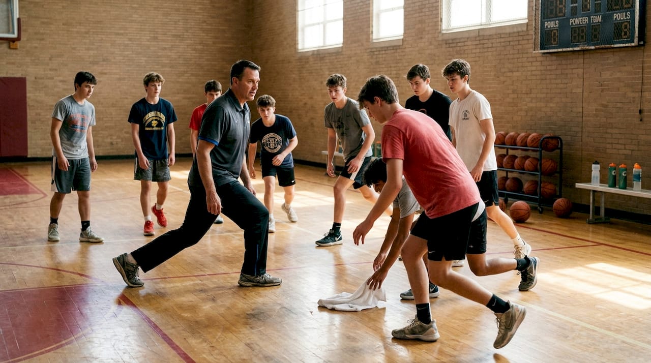 Basketball team warming up in gym