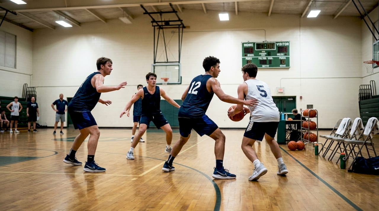 Basketball team practicing box-and-one defense
