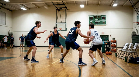 Basketball team practicing box-and-one defense