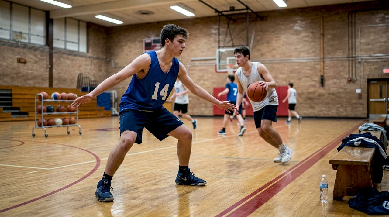 Basketball player in defensive stance in gym