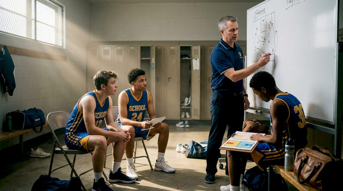 Coach leads basketball scouting meeting at whiteboard