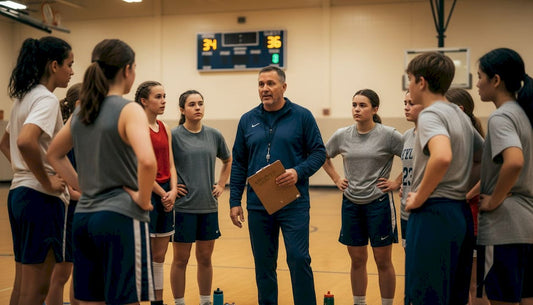 Basketball coach leading intense team huddle