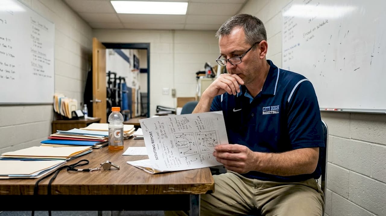 Coach reviewing player scouting report at desk