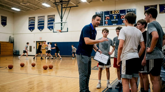 Coach instructing youth players on rebounding