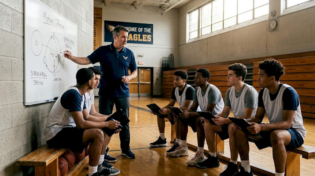 Coach explaining motion offense in gym