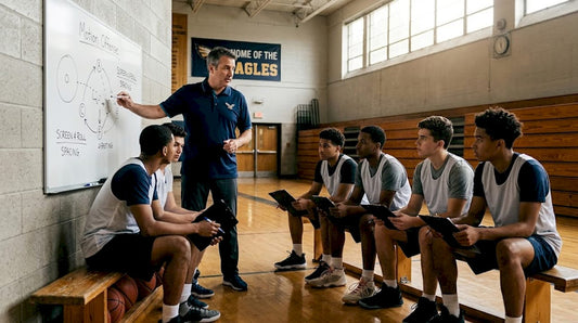 Coach explaining motion offense in gym