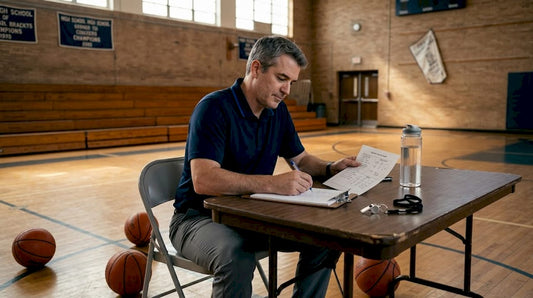 Coach planning basketball session in gym setting