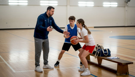 Coach teaching pick and roll on gym court