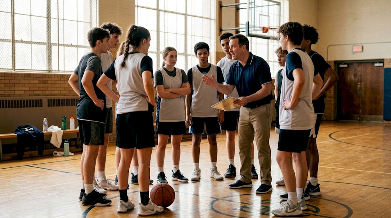 Basketball team in practice huddle with coach