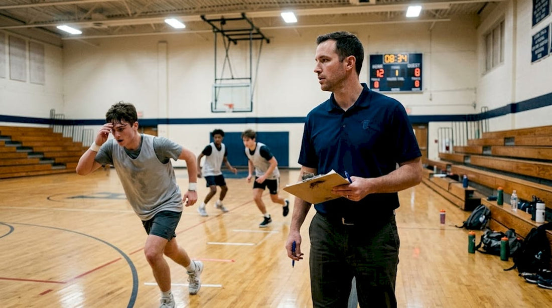 Coach overseeing basketball team conditioning drills