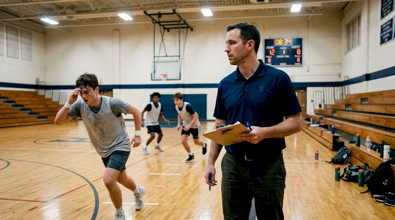 Coach overseeing basketball team conditioning drills