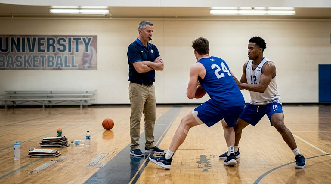 Coach observing post player drill in gym