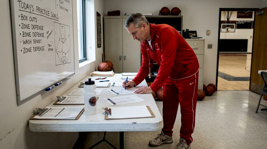 Basketball coach marking practice plan in office