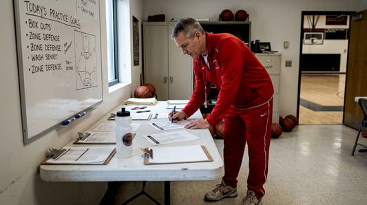 Basketball coach marking practice plan in office