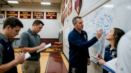 Coach drawing offense diagram with team