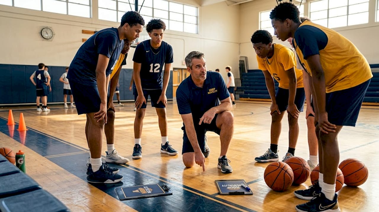Coach instructing defensive stance on gym floor
