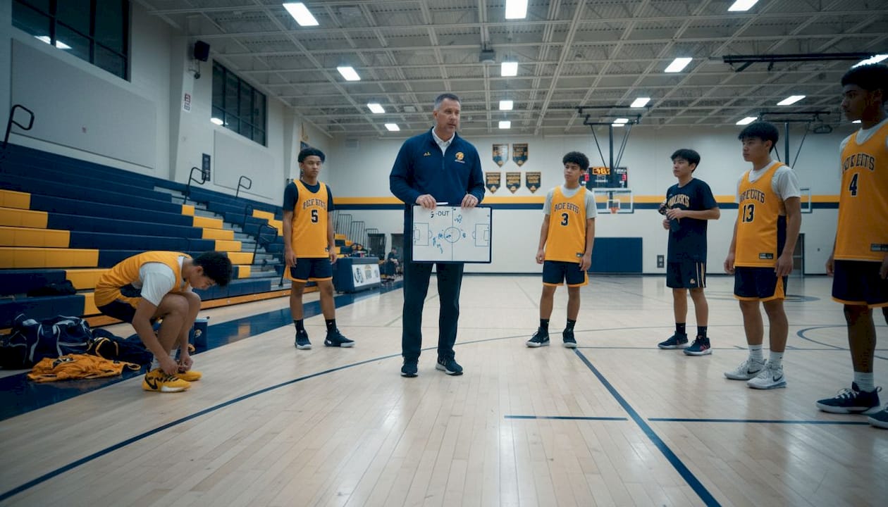 Coach diagramming 5-out offense in gym