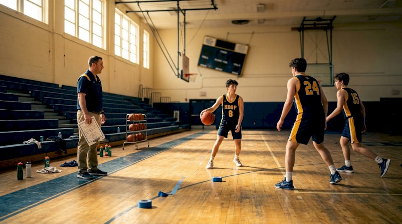Basketball team practicing Spain pick and roll in gym