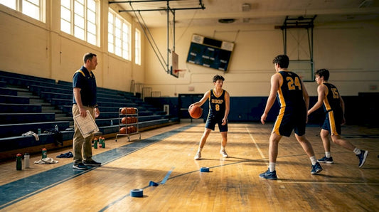 Basketball team practicing Spain pick and roll in gym
