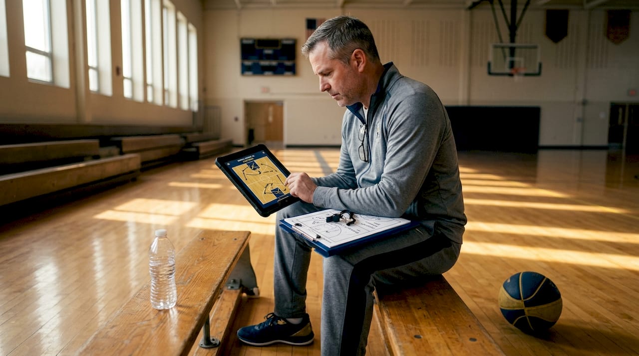 Basketball coach studying game strategy