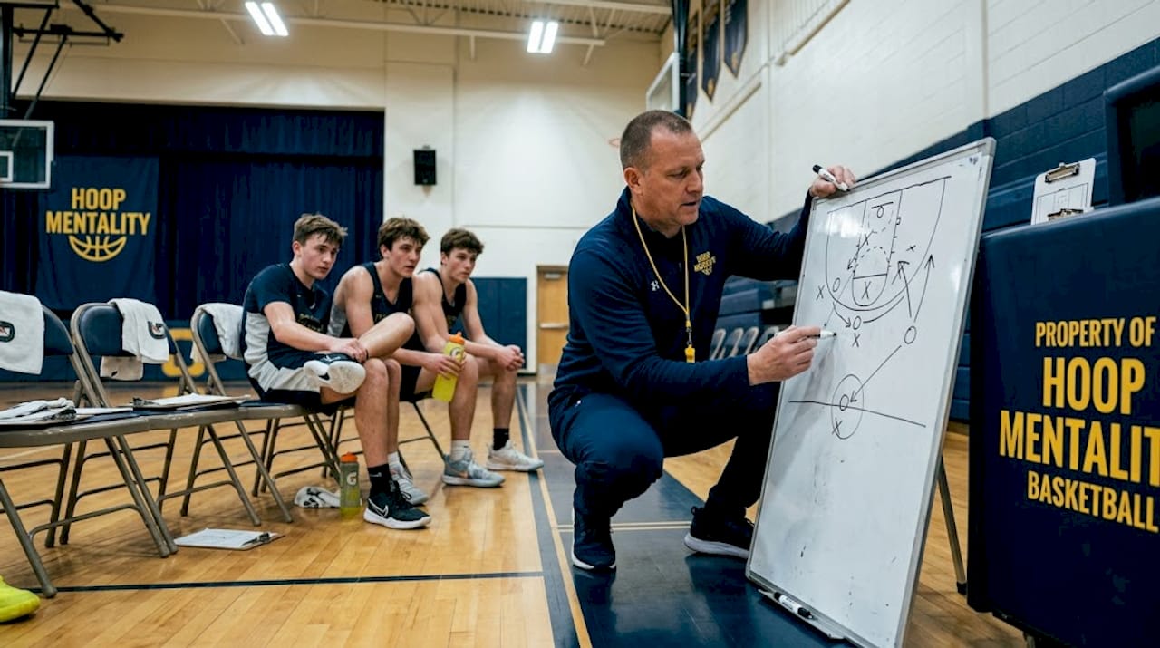 Coach and players review ball screen diagram