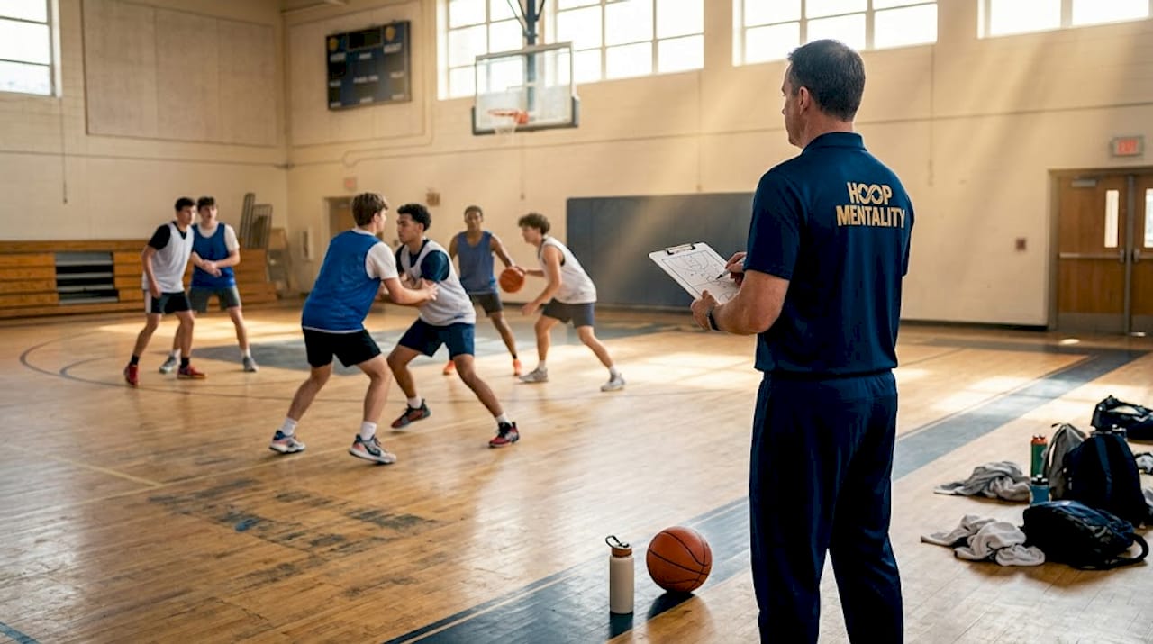 Coach observing team basketball defense drill