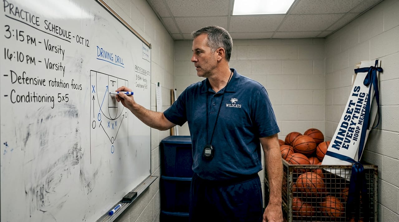 Coach mapping drills on gym whiteboard