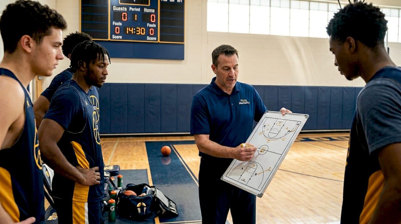 Basketball coach diagramming four-out offense