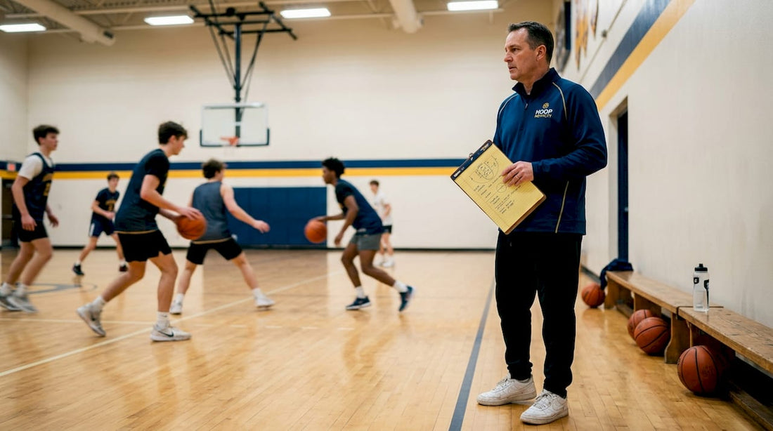 Basketball coach observing dribble drills in gym